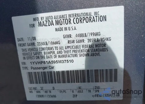 2009 Mazda Mazda6 I Sport из США, поврежденный, VIN 1YVHP81A595M37510